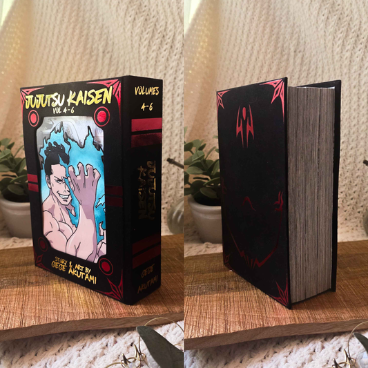 A boxed book or volume titled "Jujutsu Kaisen" shown in two views on a wooden surface. The left view shows the front cover with illustrated artwork and text including "Volumes 4-6" and "Gege Akutami.