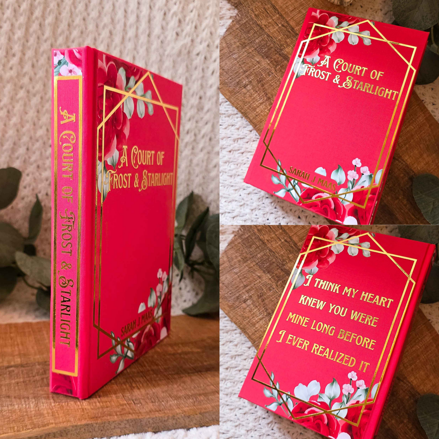 Collage of a red book titled 'A Court of Frost & Starlight' with decorative floral and gold elements.