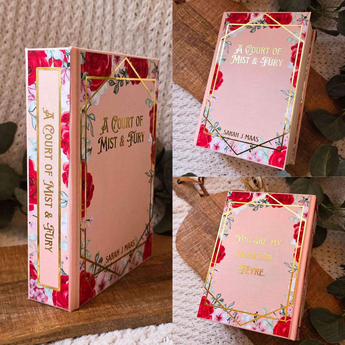 Decorative book titled A Court of Mist and Fury with floral design and text on a wooden surface