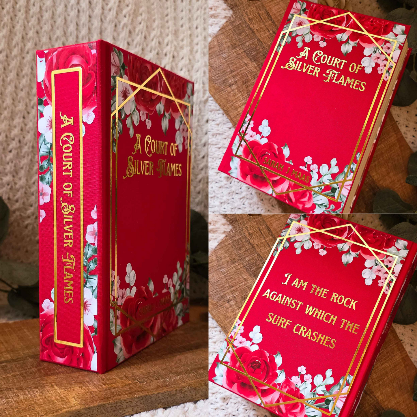 Red book titled 'A Court of Silver Flames' with floral design on a wooden surface.