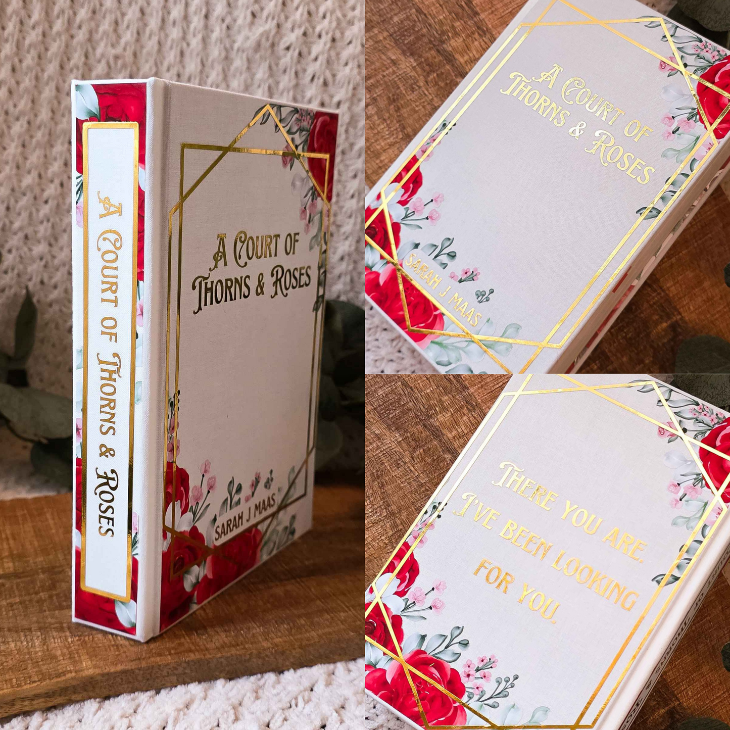Book titled 'A Court of Thorns & Roses' with decorative cover on a wooden surface.