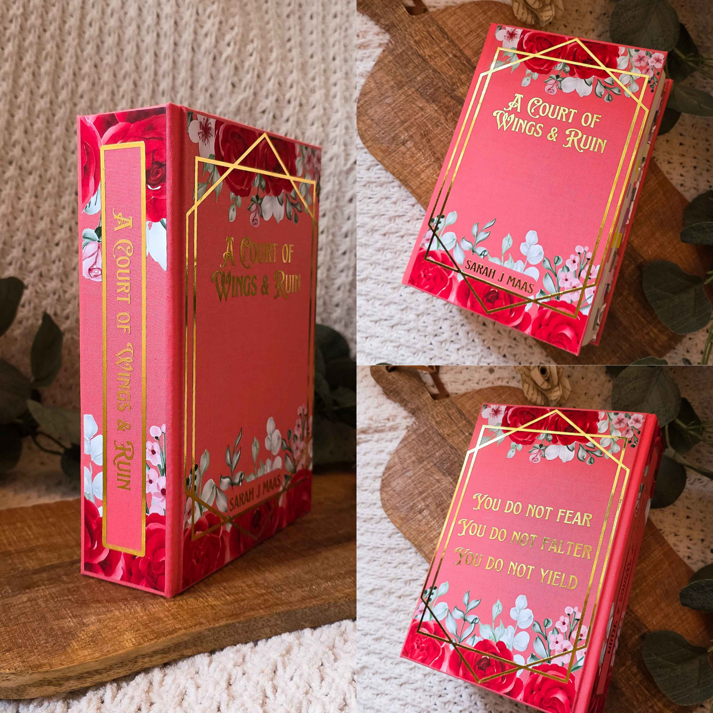 Collage of 'A Court of Wings & Ruin' book with decorative cover on a wooden surface.