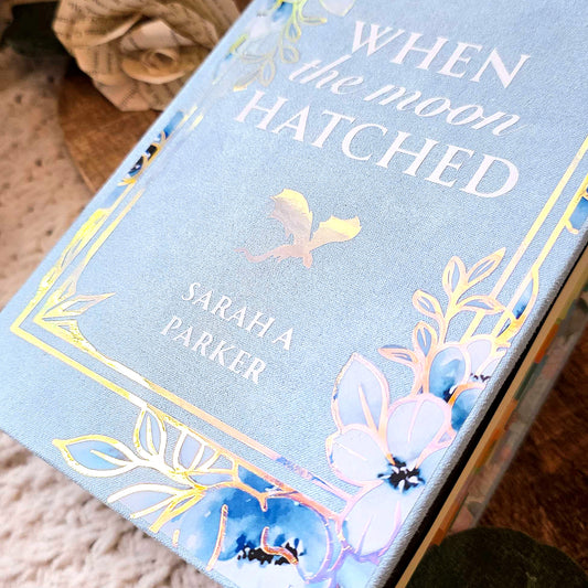 Close-up of floral bookcloth on custom When the Moon Hatched hardcover